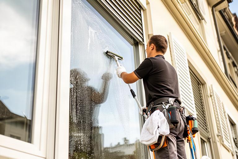 Reinigungskraft reinigt Fenster und Storen an einem Zürcher Wohnhaus